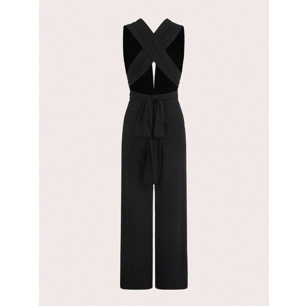 Multi Way Wrap Tie Top Black Elegant Jumpsuit Wide Long Leg Backless - Picture 15 of 16